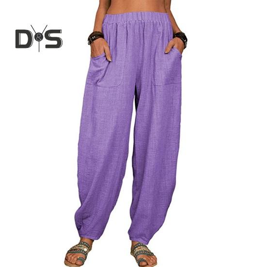 Damen Freizeithose, elastische, hohe Taille, einfarbig, Haremshose mit Taschen, lockere Passform, atmungsaktiv, lange Hose für den Alltag
