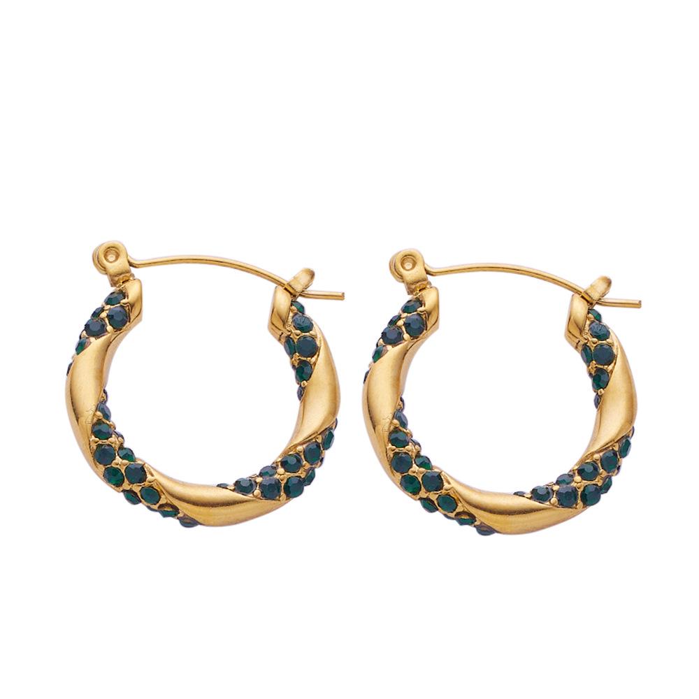 18K Gold Plated C-Shaped Twisted Stainless Steel Earrings with Inlaid Diamonds - High-end Titanium Steel Accessories