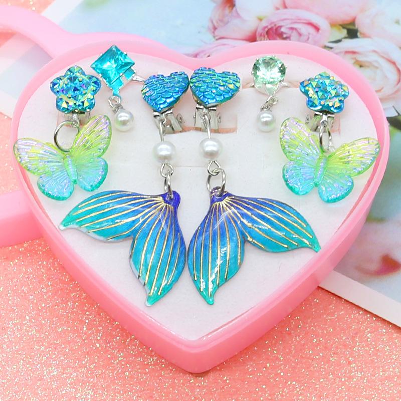 Children's Ear Clips Without Pierced Ears Girls' Earrings Summer Mermaid Series Ear Clips Ring Cute Set