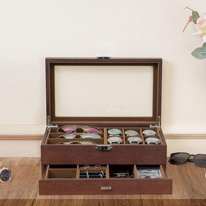 Used ProCase Wooden Men's Jewelry Box, 2 Tier Watch Holder & Sunglasses Box Organizer, Display Case with Clear Glass Top and Storage Drawer