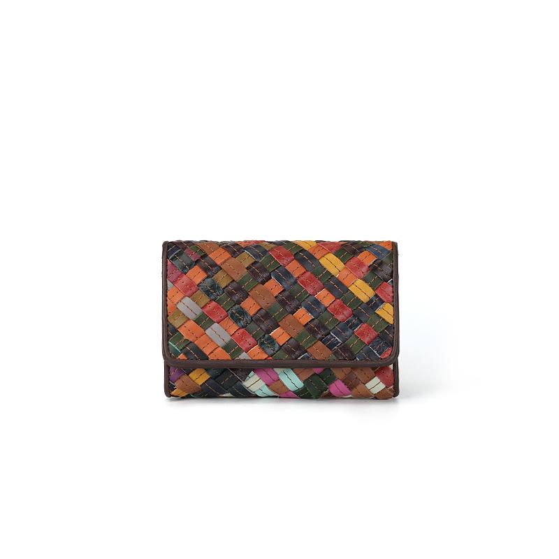 Peněženka z pravé kůže s duhovým pletením, velkokapacitní taška, více přihrádek, skládací peněženka s přezkou