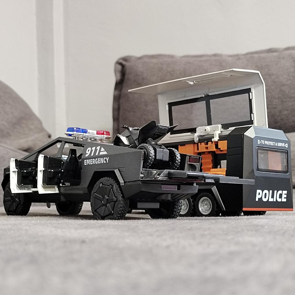 1/32 Tesla Police Cybertruck Trailer Off Road Pickup Truck Diecast Model Car Alloy Children's Toy RV Sound & Light Music Birthday Gift