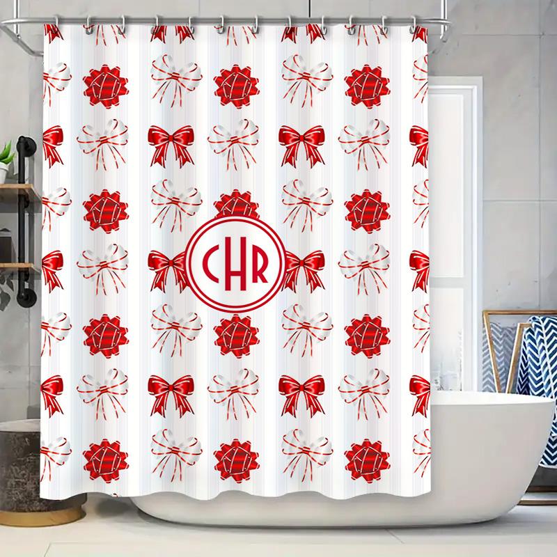 

Red White Gift Bow Print Shower Curtain, Monogram Initials Bathroom Decor Home Accents, Christmas Holiday Gifts For W60H190(CM)-1 Pcs