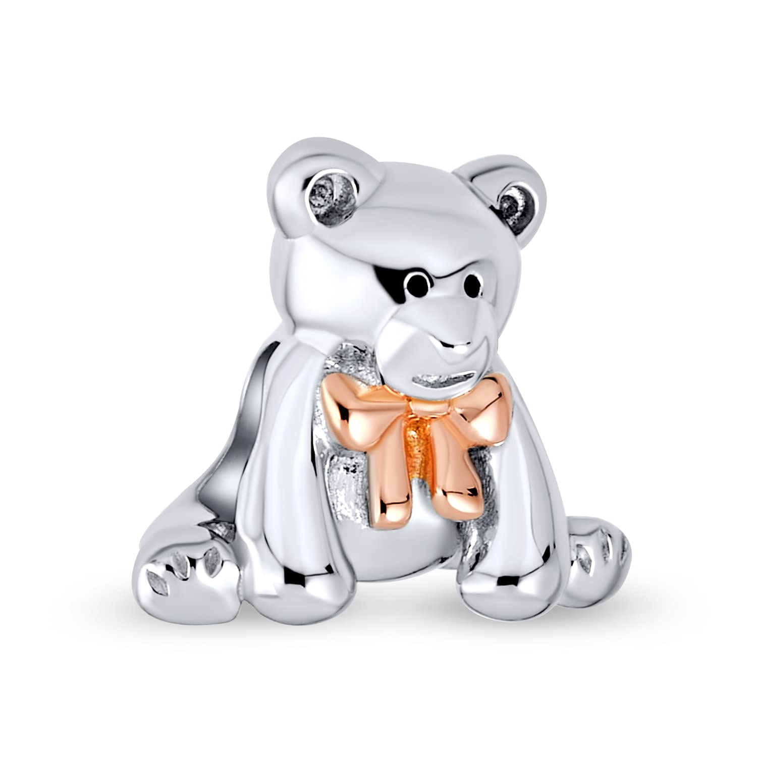 

Cute Plush Teddy Bear Pink Bow Charm Beads for Women Tween Daughters Two Tone Rose Gold Plated Sterling Fits European Bracelet [Bling Jewelry] .925