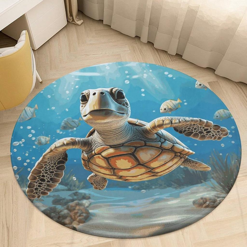 Cartoon Sea Turtle Round Rug Washable Area Rugs Indoor Circle Door Mat Soft Non-Slip Carpet for Living Room Bedroom Dining