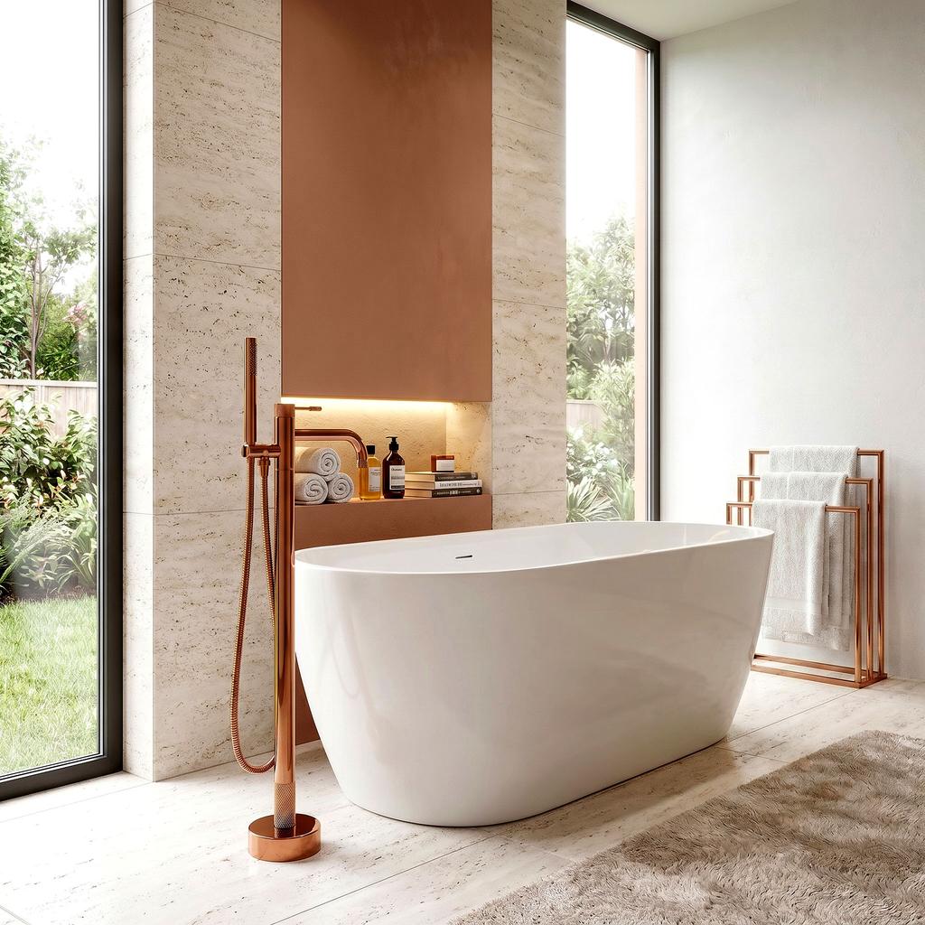 Venti Copper Glossy Floor-Mounted Quilted Bathtub Faucet
