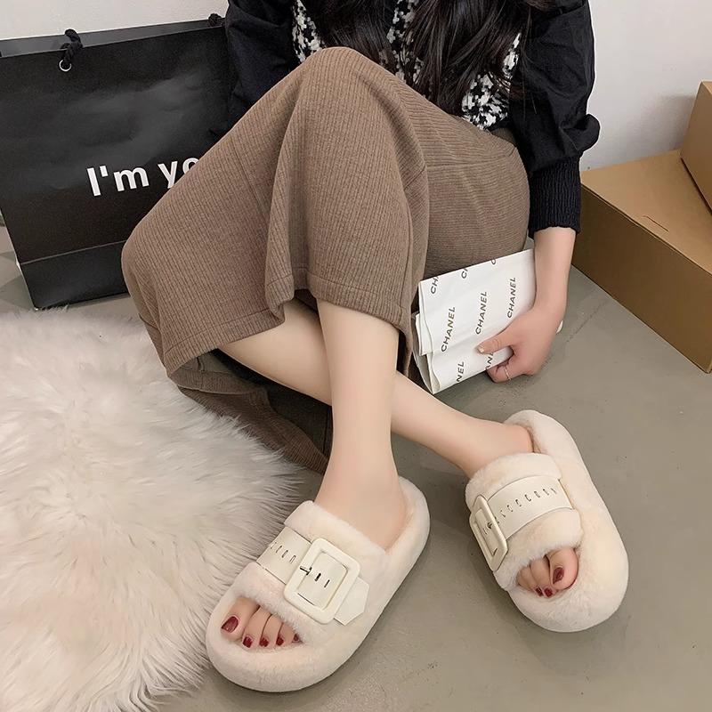 Muffin thick-bottomed Korean version of fluffy slippers for women's autumn and winter new versatile outer wear casual office cotton mop