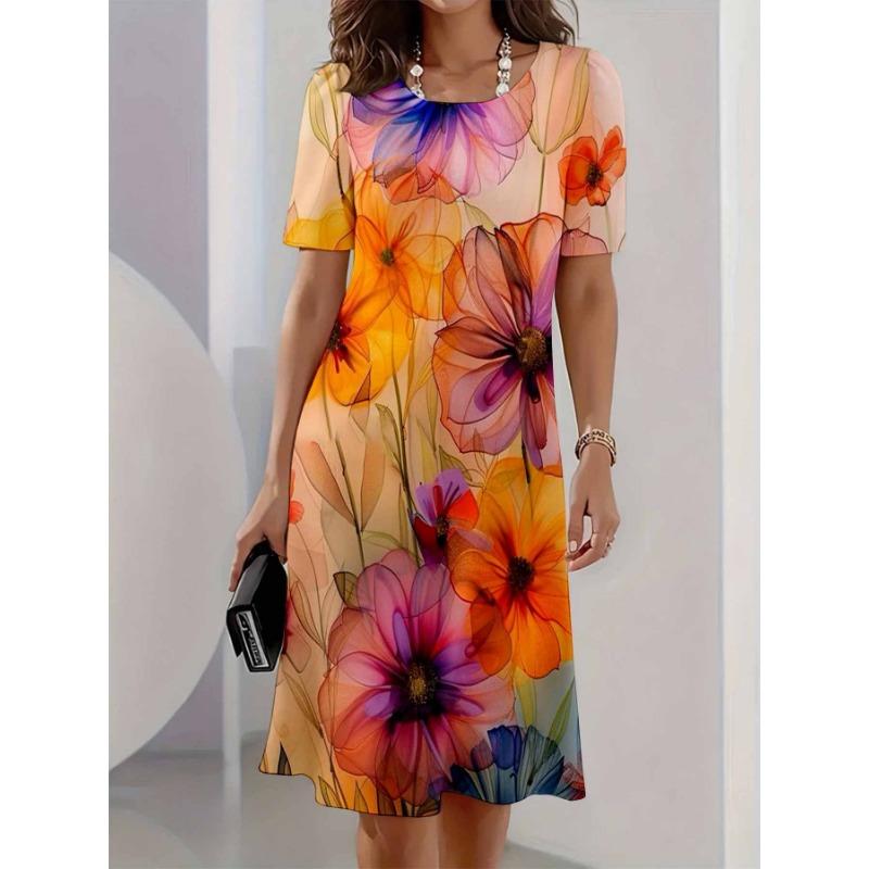 Women Plus Size Round Neck Dress Peach Color Floral Print Full Print Summer Casual Party Dress S