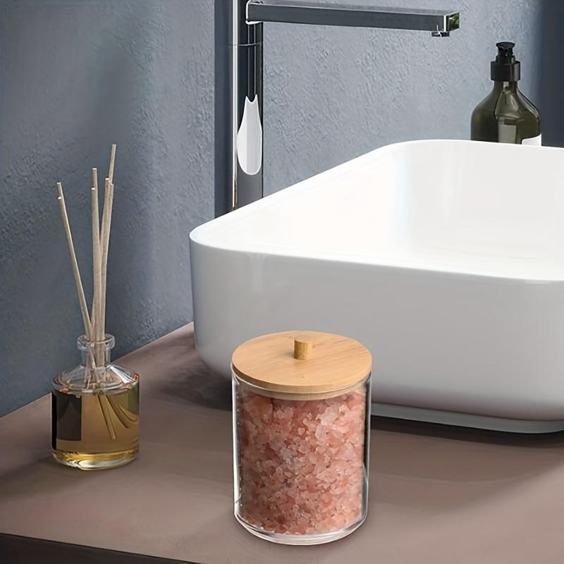 2 Pcs Porte-cotons-tiges Récipient de salle de bain avec couvercles en bois, 10 OZ, 7 OZ Distributeur de cotons-tiges, Pot organisateur d'apothicaire pour boîte de rangement
