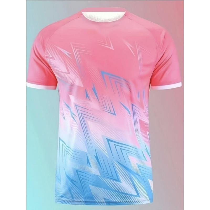 Schnelltrocknendes, hochelastisches Sport-T-Shirt, Rosa-Blau-Verlauf, Chevron-Geometrischer Aufdruck, Weiße Manschette, Atmungsaktives Trainings-Top
