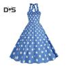Women Vintage Dress 50s Retro A-line Big Swing Sleeveless Dot Print Contrast Color Elastic Bust Halter Neck High Tight Waist Backless Knee Length