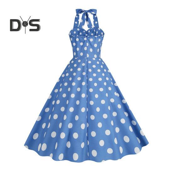 Women Vintage Dress 50s Retro A-line Big Swing Sleeveless Dot Print Contrast Color Elastic Bust Halter Neck High Tight Waist Backless Knee Length