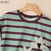 ZANZEA Women Casual Round Neck Loose Stripe Print Short Sleeve Blouse