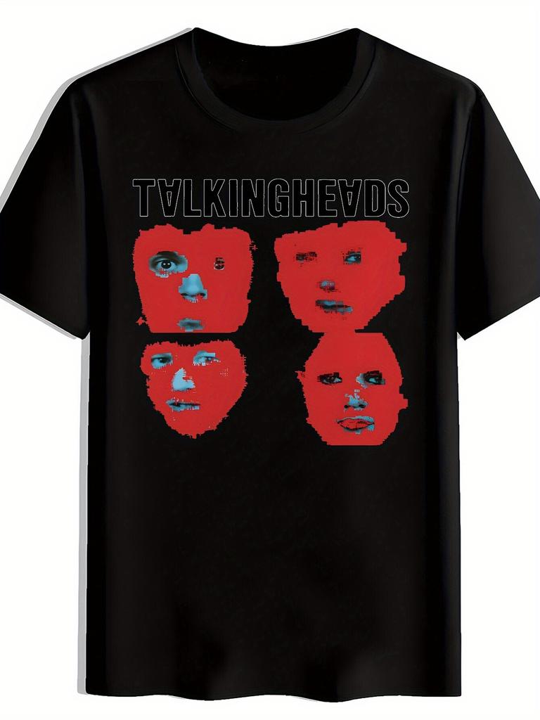 Vintage Rock Band Graphic T-shirt - Talking Heads Design Short Sleeve Round Neck Summer Tee