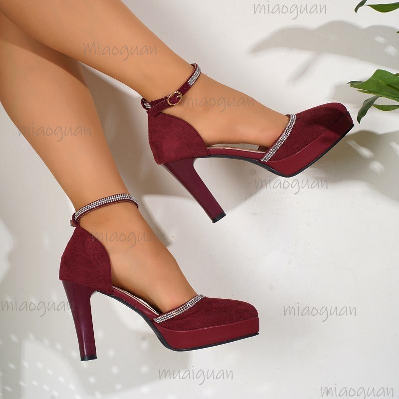 Size 34-43 Heels for Ladies Crystal Rhinestone Ankle Strap Platform Sandals Suede Leather High Heel Women's Dress Shoes Elegant
