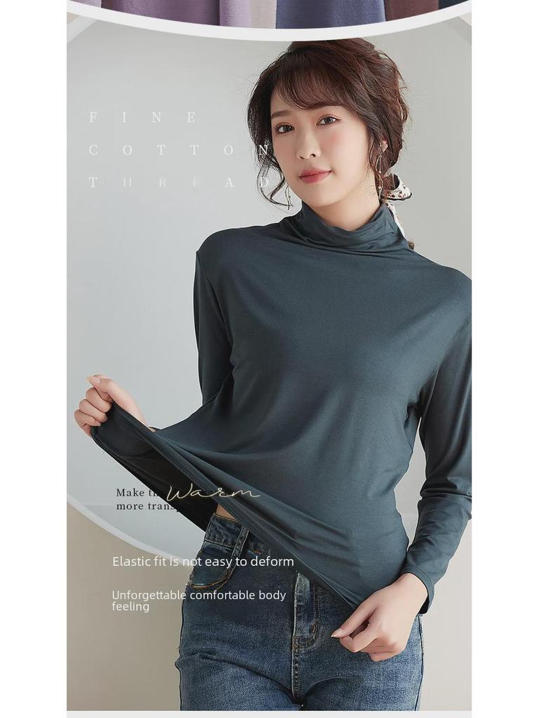 Top de Modal de Cuello Alto de Manga Larga y Corte Ajustado para Mujer Otoño 2023