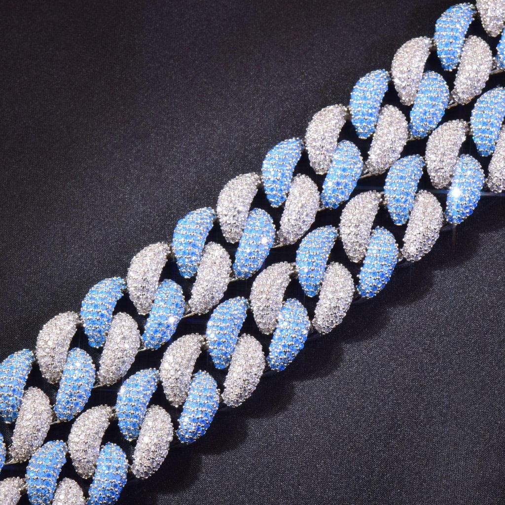 Silver Blue 14MM Cuban Link Necklace and Bracelet - European & American Hip Hop Fashion Trend Jewelry