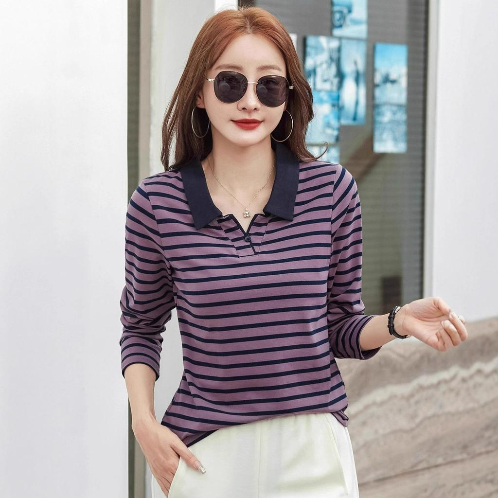 New Striped Polo Shirt Plus Size Women's Autumn Long Sleeve Base Korean Style Casual Ladies T-Shirt Age-Reducing Top Turn-Down Collar