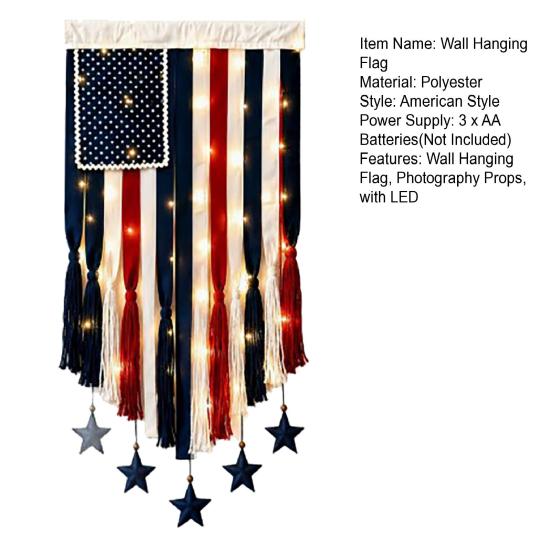 Wall Hanging Flag Decorative American Flag Banner with LED Lights Vintage Style Polyester Wall Decoration for Indoor Outdoor Party