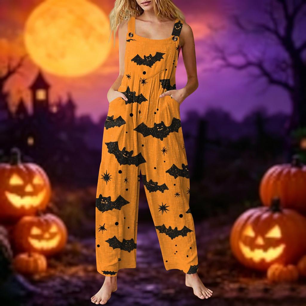 Women's Sleeveless Jumpsuit Cotton Halloween Ghost Print Casual Loose Fit Overall Pants with Pockets Adjustable Straps