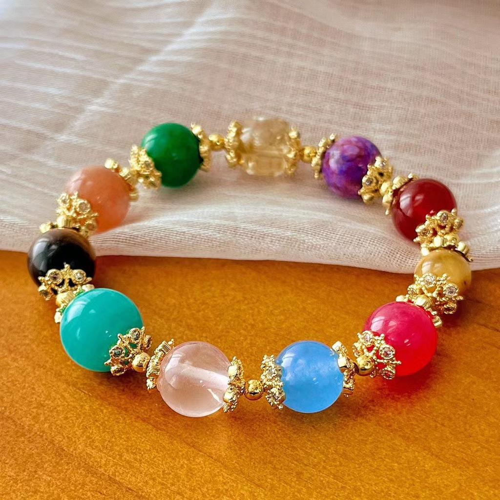 Retro Natural Chalcedony Tiger'S Eye Stone Tianhe Stone Powder Crystal Sunstone Duobao Bracelet Autumn And Winter Maillard