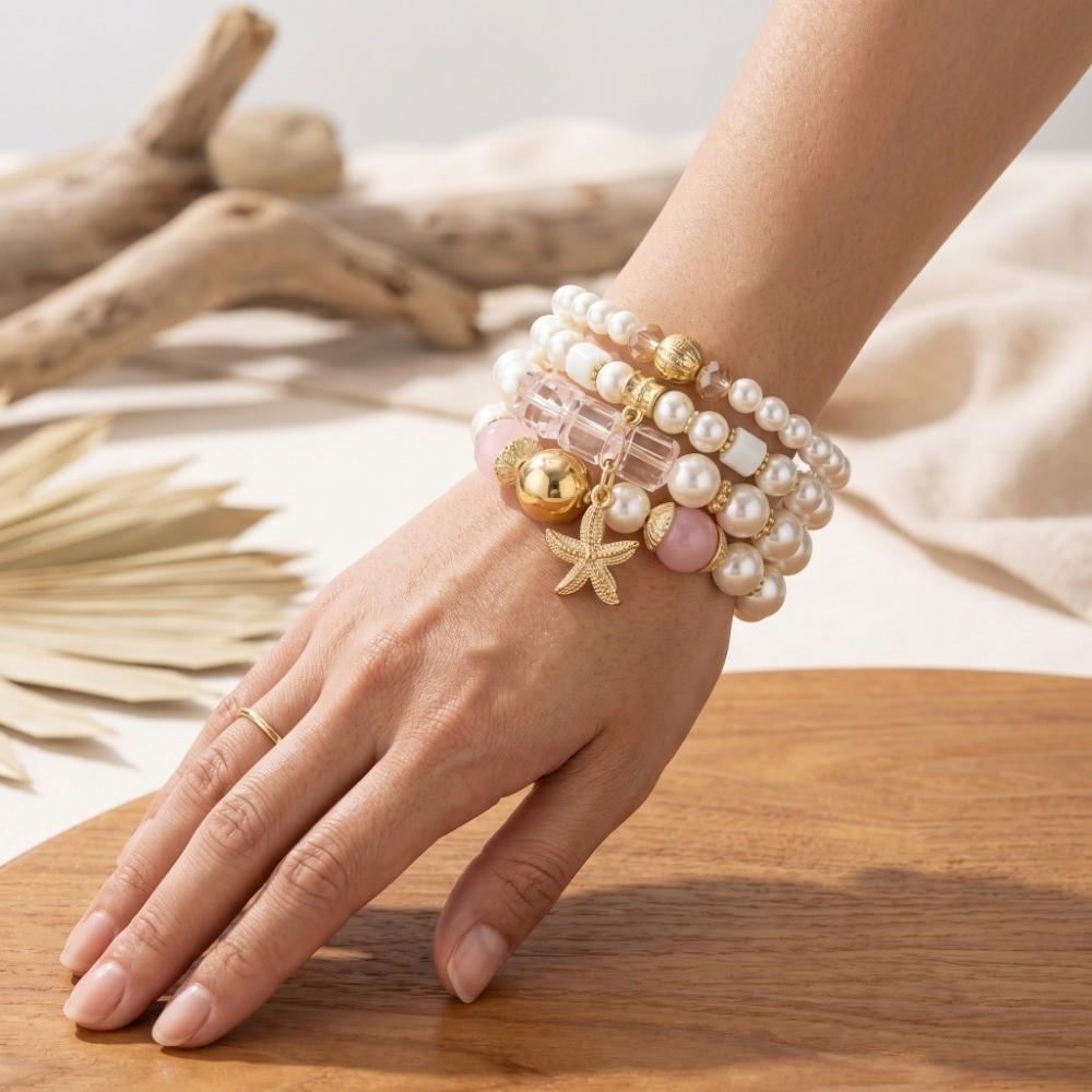 4pcs/set Ethnic Style Simulated Pearl Bracelets Adjustable Multilayer Hand Chain For Women