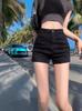 Women's High-Waisted Black Denim Shorts - Stretchy, Slimming, A-Line, Hip-Lifting, Trendy.