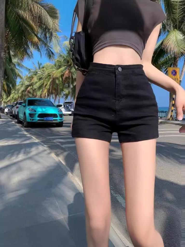 Women's High-Waisted Black Denim Shorts - Stretchy, Slimming, A-Line, Hip-Lifting, Trendy.