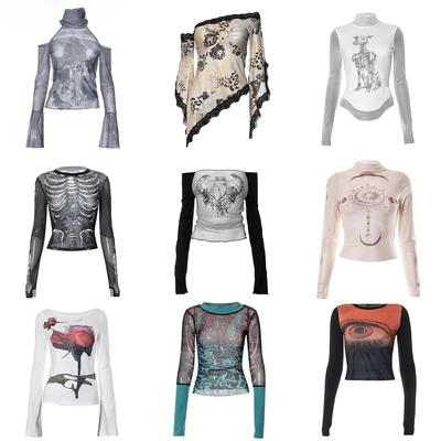 Y2K Sexy Lace Mesh See Through T-Shirts Goth Graphic Print Long Sleeve Knit Patchwork Tops Vintage Women Summer Streetwear