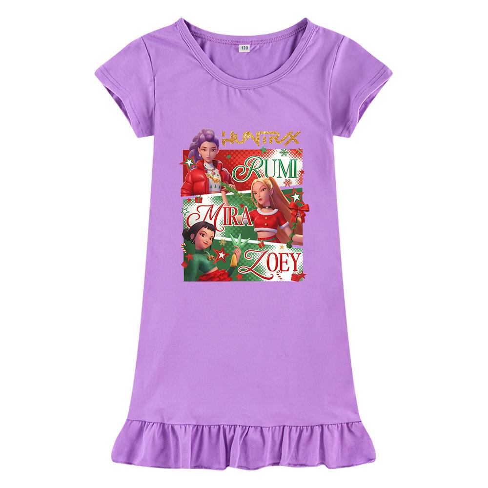 M1264 Kids Girls Christmas New Year Kpop Rumi Zoey Mira Print Short Sleeves Ruffle Dress