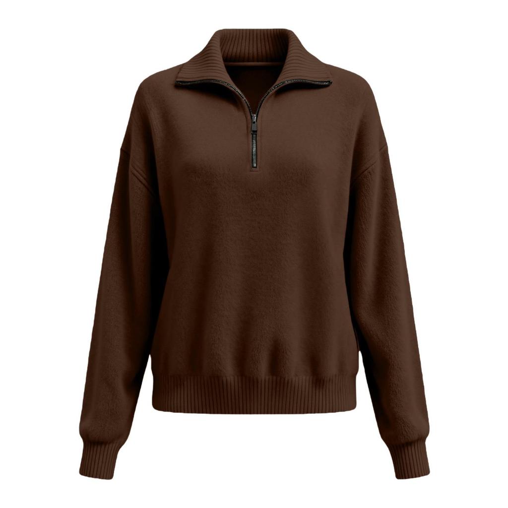 Autumn Winter Multi-Wear Half-Zip Knit Sweater with Zipper Collar for Women