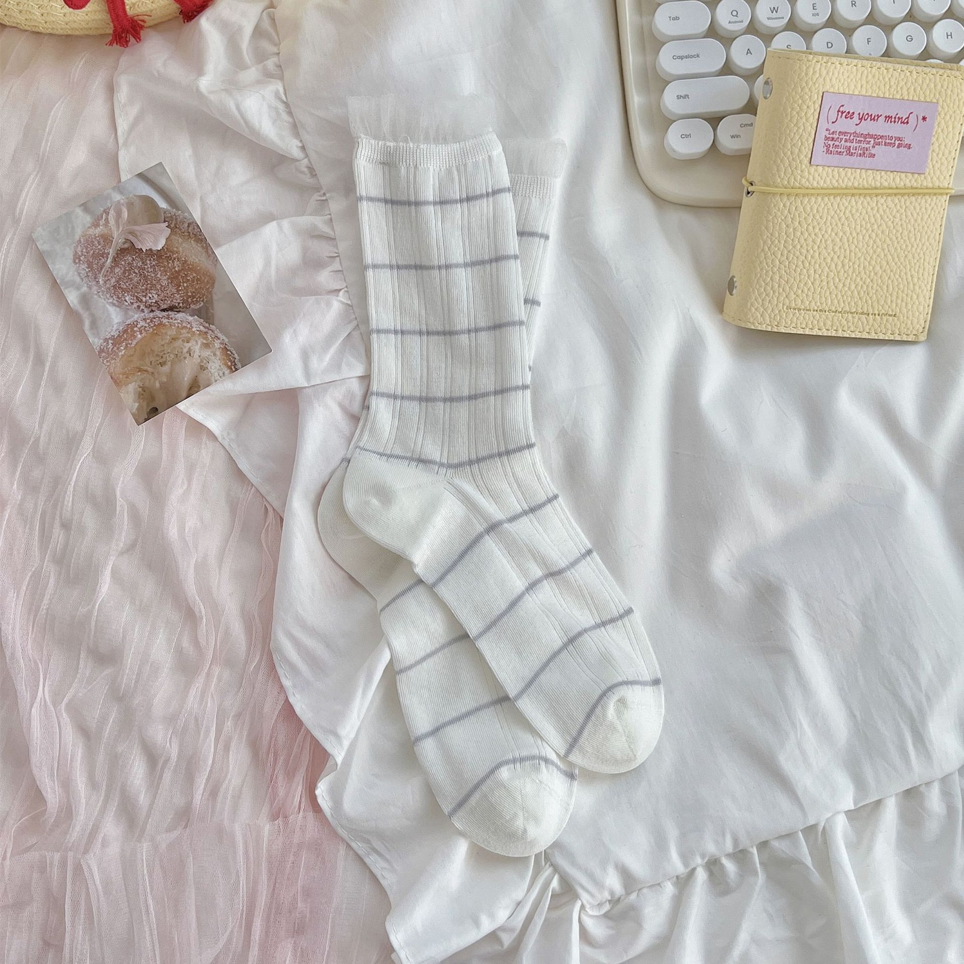 Ballet Vertical Striped Lace Edge Stacking Socks Summer Thin Boneless Striped Medium Tube Socks Contrasting Color Korean Long Socks One size fits all