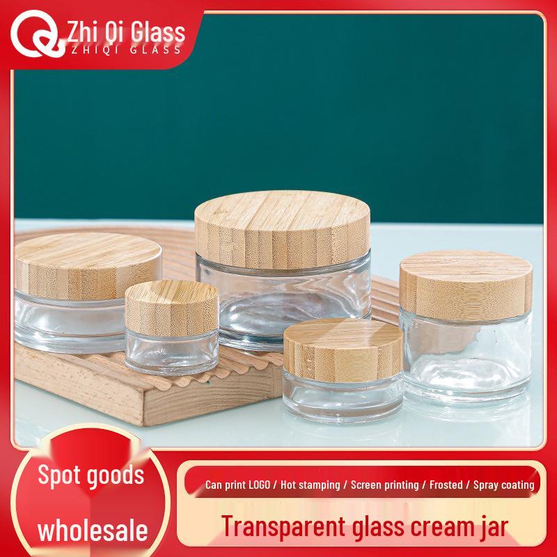 Portable Glass Cream Jar with Wood Grain Lid for Face, Eye Cream, and Masks 5g; Transparent + Bamboo Lid; Glass