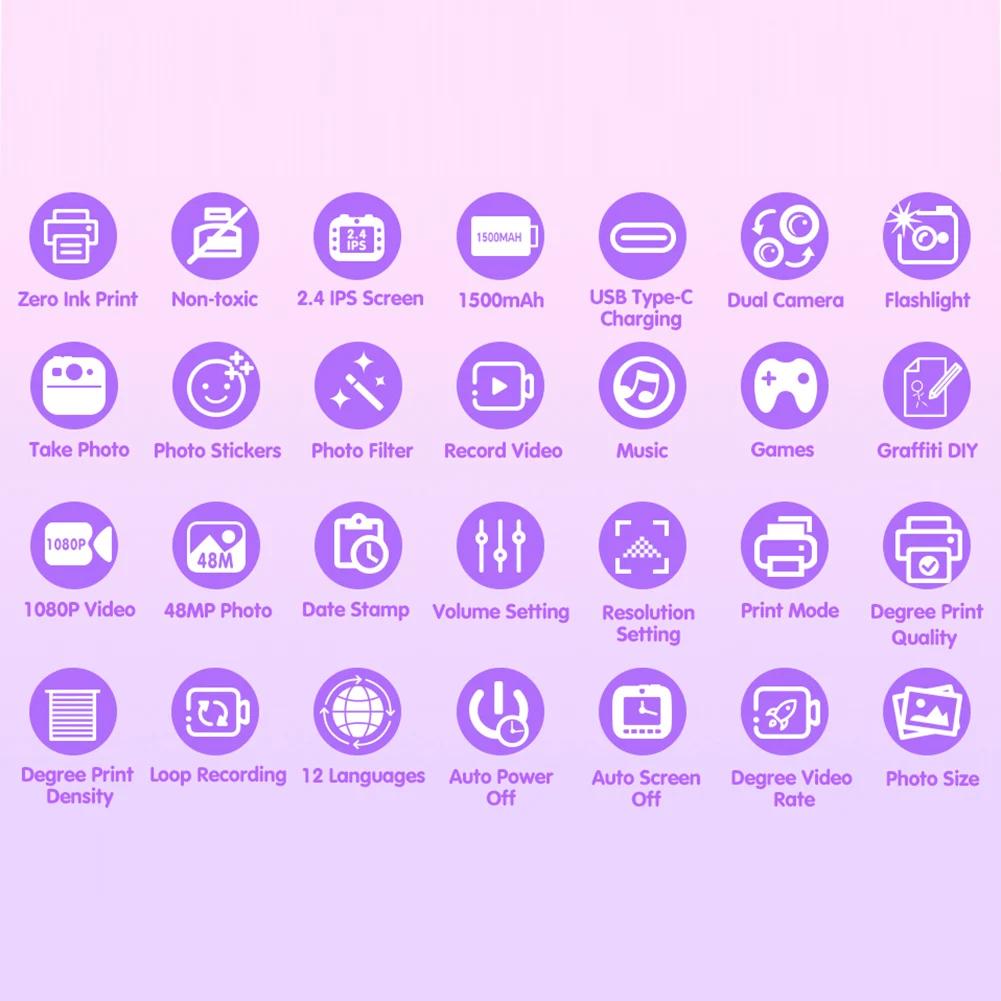 Mini Sofortbildkamera für Kinder 2,4 Zoll Bildschirm Digitalkamera für Kinder 48MP 1080P Video Thermodrucker Geschenk für Weihnachten/Geburtstag