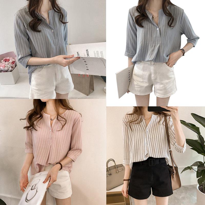 

Модные женские свободные повседневные рубашки в полоску с принтом, топы