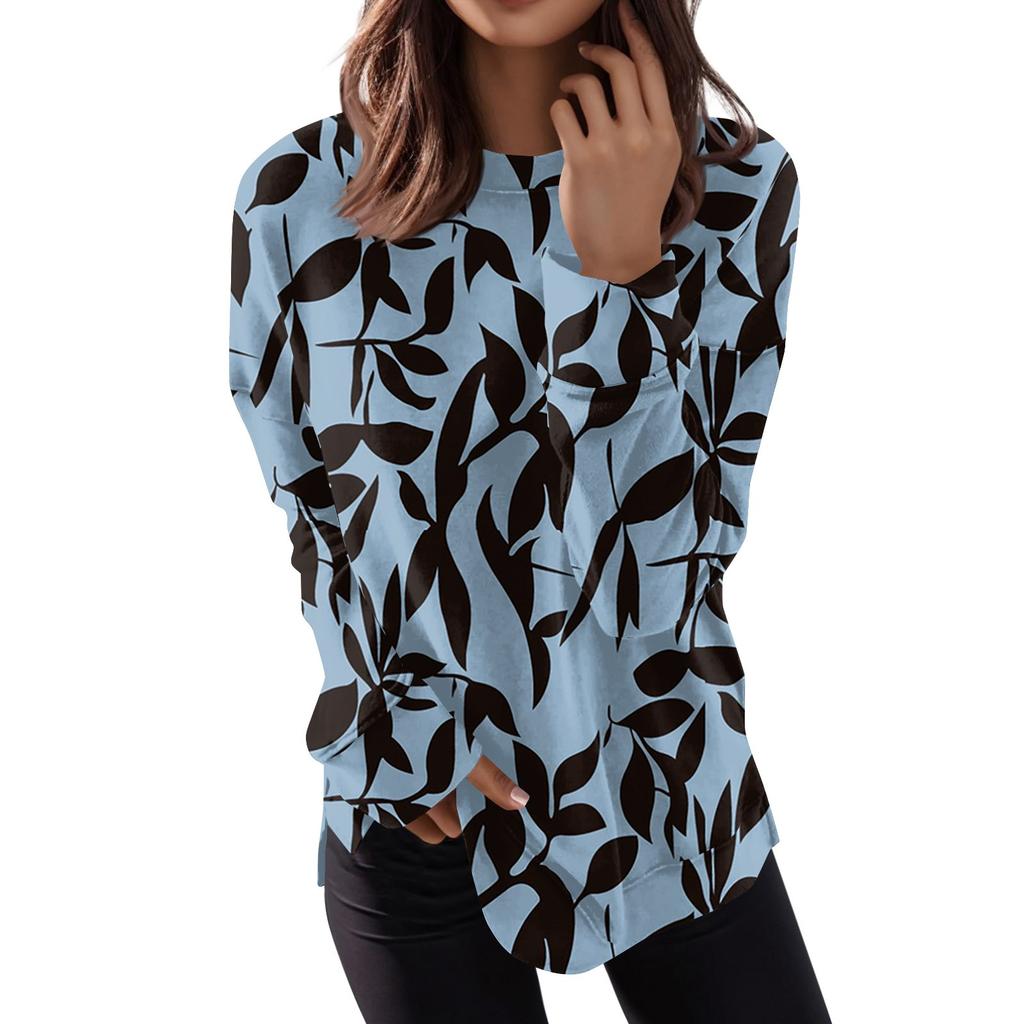 Women's Round Neck Tops Cotton Women's Casual Fashion Print  Long Sleeve O-Neck Pullover Top Blouse