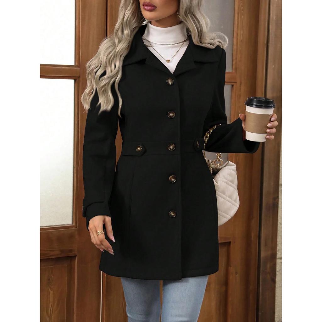 Women's Notched Lapel Wool Blend Coat, Slim Fit Belted Waist Trench with Thermal Lining, Elegant Office Chic Overcoat for Commute With Pockets