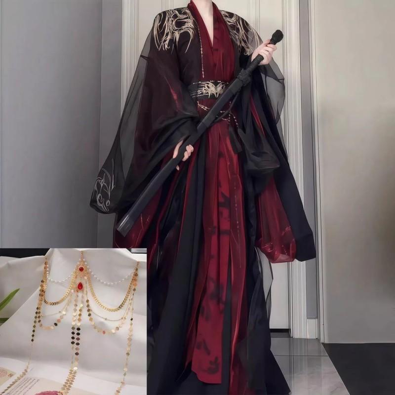 Hanfu Wei Jin Style Unisex Wide Sleeve Costume Set With Embroidery Red Blue Options