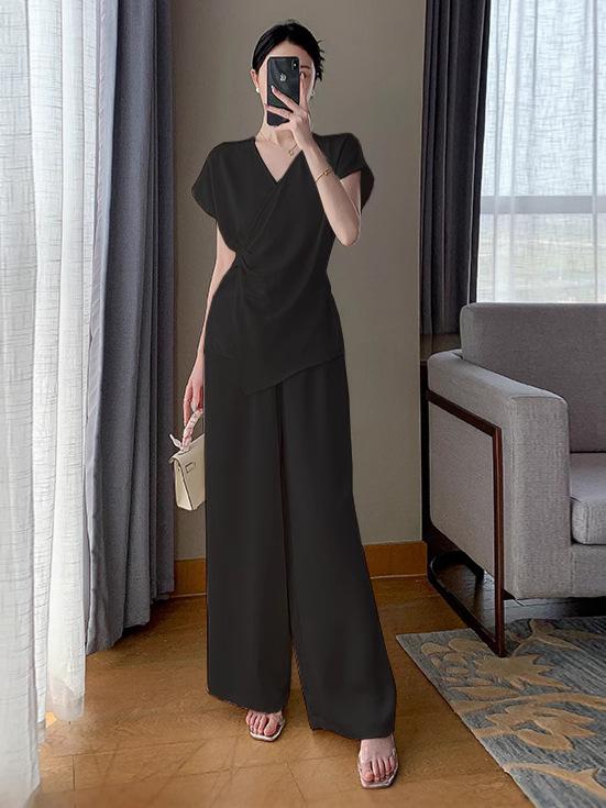 Pre-Sale 2868 Plus Size Women's Korean Style Short Sleeve & Wide Leg Pants Two-Piece Set