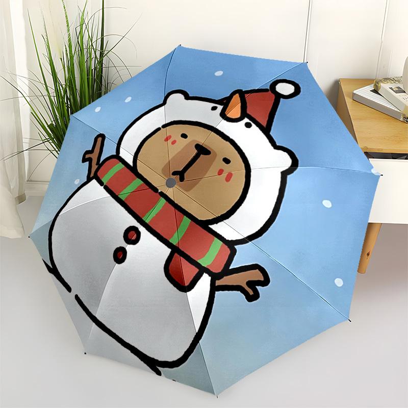 

1pc Snowman Capybara Automatic Umbrella - Stylish, Durable, with 8-Rib Manual Open Design, Elegant Black Handleyy250920229