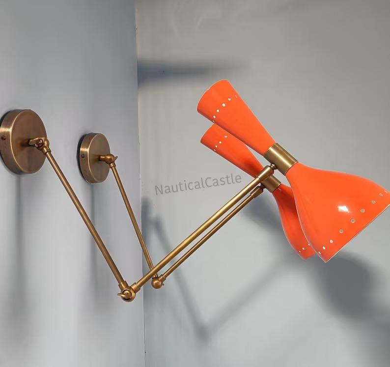 Orange Diabolo Wall Sconce Pair: Mid-Century Italian Brass Reading Lamps