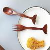 2Pcs Marine Style Nanwood Fishtail Handle Spoon And Fork Set Solid Wood Handmade Pattern Dessert Fruit Salad Fork Tableware