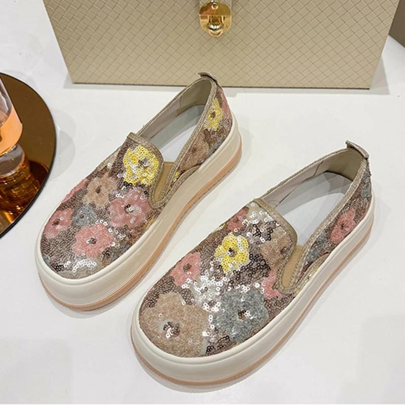 

Fashion Comemore Spring and Autumn Multi-color Women Flats Casual Flowers Loafers Thick Soled Women s Slip-on Soft Soled Single Shoes 35