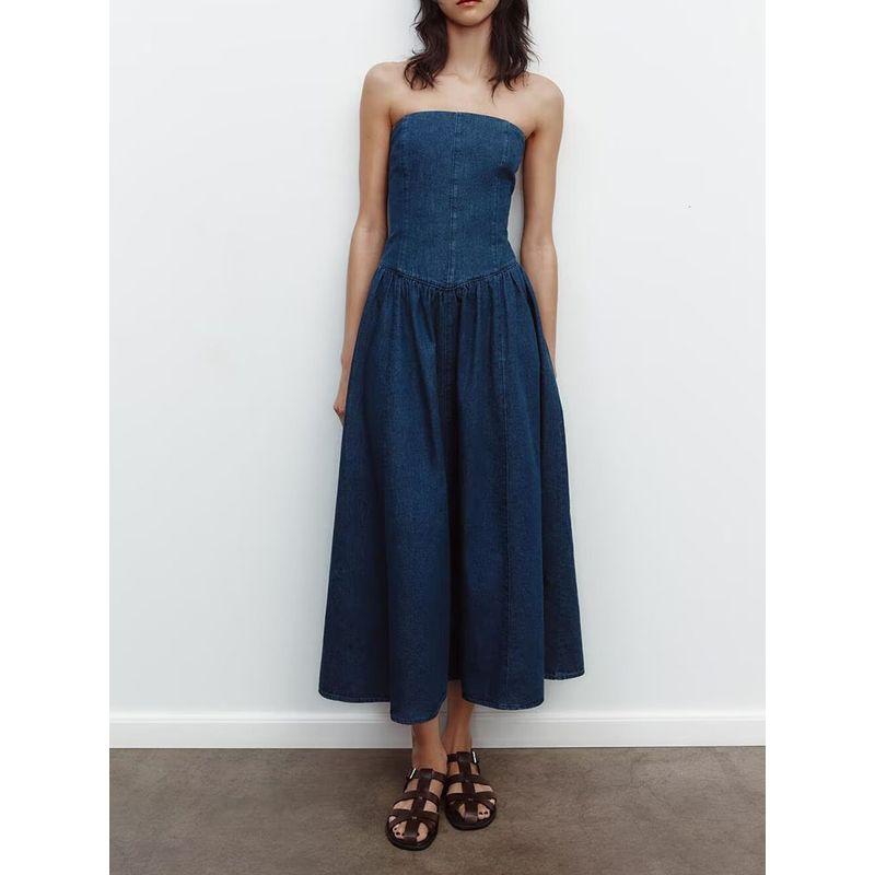 Za2025 Spring New Women's Clothing Elegant Boat-Neck Waist-Tight Slim Looking Denim Midi Skirt Dress 6929093