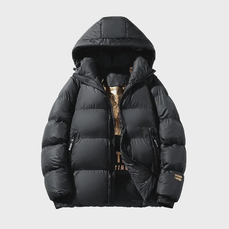 Schwarz & Gold Unisex Weiße Daunen Kapuzenjacke: Winddicht, Warm, Lässig & Stilvoll für den Winter.