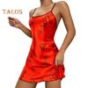 Rochie de noapte pentru femei cu gât rotund, fără mâneci, cămașă de noapte cu design cu bretele, imprimeu, țesătură netedă, mătase de gheață, îmbrăcăminte de dormit
