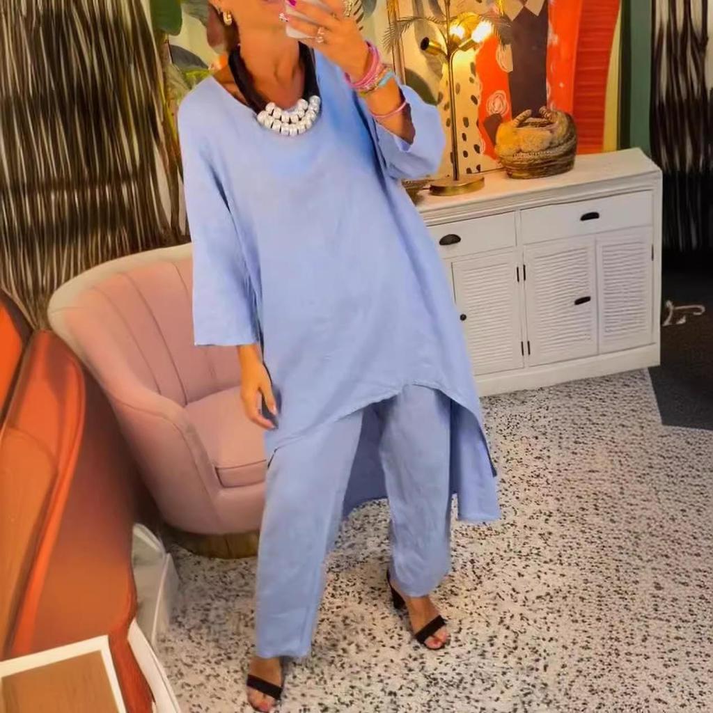 Completo da Donna con Top Asimmetrico Largo e Pantaloni a Gamba Larga in Diversi Colori