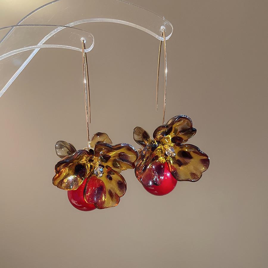 European and American retro fabric flower fringed leopard print earrings earrings personalized temperament earrings women