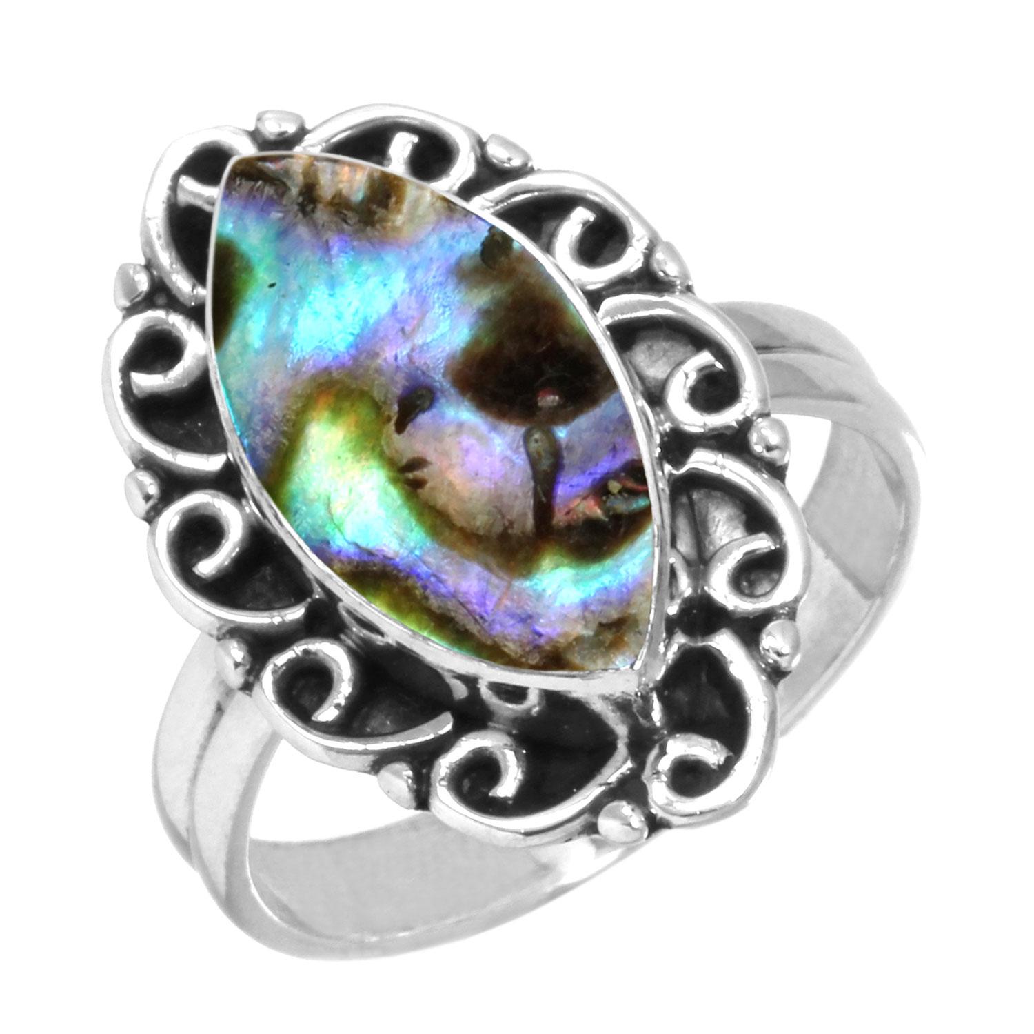 

Кольцо из стерлингового серебра 925 пробы с драгоценными камнями, ювелирные изделия ручной работы, подарок на День святого Валентина, аквамариновый халцедон, ракушка-ушка, синий солнечный камень, лабрадорит, пренит 6.5