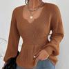 Women's V-Neck Long-Sleeve Ruffle Waist Solid Color Pullover Sweater - European & American Fashion